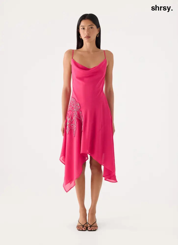 Pirama Beaded Midi Dress - Fuchsia - Midi Dresses